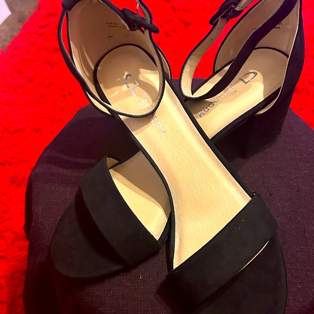 CL by Laundry Black Block Heel Ankle Strap Sandals